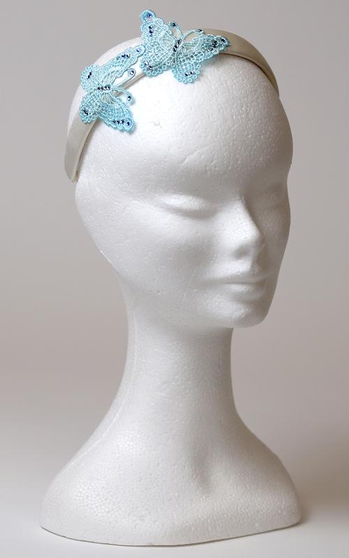 Motýle - hodvábna čelenka s modrou čipkou